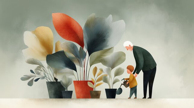 Heartwarming scene of grandfather teaching grandson gardening skills, showcasing intergenerational bonding