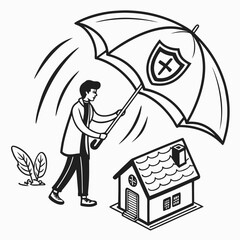 Person holding umbrella with shield symbol protecting a house from wind and rain