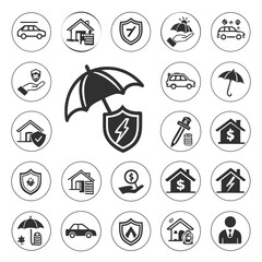 Collection of insurance and protection icons representing various aspects of security and safety for homes cars and personal well being