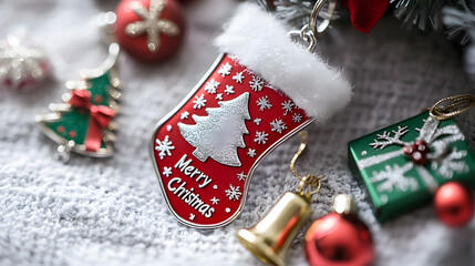 Red Christmas stocking ornament with snowflake and tree design hanging on a decorated tree