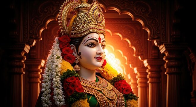 Durga with trident on lion in ancient temple, warm lighting