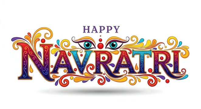 Happy Navratri text with colorful swirls and goddess portrait