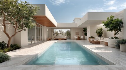 Fototapeta premium Stylish Miami Beach backyard with pool in minimalist tropical design and expansive sky area