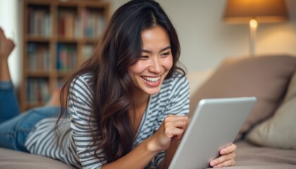 Joyful woman enjoying a tablet on a cozy couch