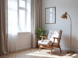 A clean, minimalist scene where a single chair becomes the focal point in a peaceful reading corner.