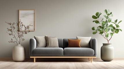 Modern Scandinavian Living Room - Grey Sofa with Plants, Minimal Decor in Cozy Neutral Tones and Clean Copy Space