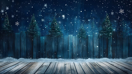 Snowy winter scene with evergreen trees against a wooden fence background