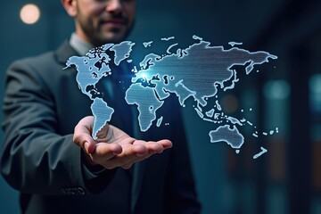 Global map projected into the palm of a hand.