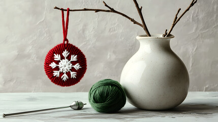 Red crocheted snowflake ornament hanging beside a white vase with twigs and a green yarn ball on a neutral surface