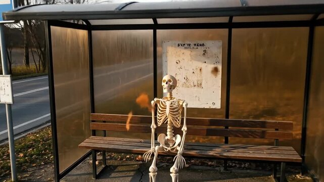 A realistic human skeleton sits patiently on a wooden bench inside a modern bus stop shelter, humorously depicting an extremely long wait.