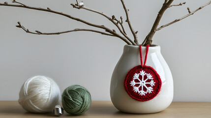 Red crocheted snowflake ornament hanging beside a white vase with twigs and a green yarn ball on a neutral surface