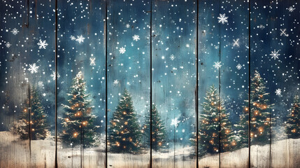 Snowy winter scene with evergreen trees against a wooden fence background