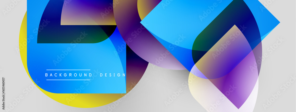 Poster abstract colorful shapes overlap. vibrant blues, purples, yellows create dynamic composition. modern