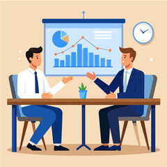 Businessmen discussing financial strategy with a growth chart and pie graph on a presentation board during a business meeting in a bright modern office setting.