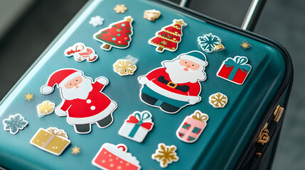 Green suitcase decorated with Christmas-themed stickers featuring Santa, snowflakes, and holiday symbols