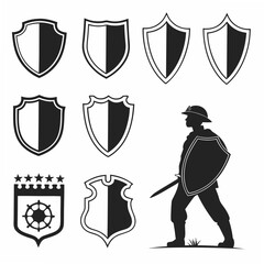 Collection of shield icons and a silhouette of a knight holding a sword and shield