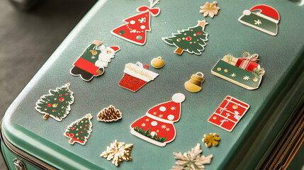 Green suitcase decorated with Christmas-themed stickers featuring Santa, snowflakes, and holiday symbols