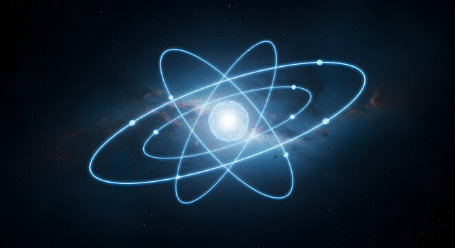 Glowing Atomic Structure in Dark Nebula Background
