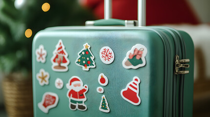 Green suitcase decorated with Christmas-themed stickers featuring Santa, snowflakes, and holiday symbols