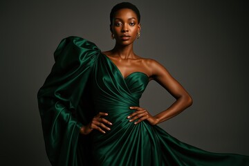 Sophisticated African American model wearing emerald silk evening gown in high-fashion editorial photography