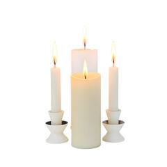 Illuminating Elegance A Cluster of Four White Candles Aglow on a Pristine White Background