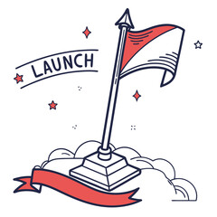 Hand drawn illustration of a flag with the word launch on a banner surrounded by stars and clouds