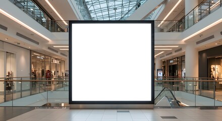 Fototapeta premium A large blank internally lit billboard stands in a modern shopping mall with glass railings and stores on multiple levels