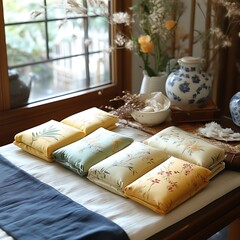Decorative heat pads with floral designs displayed on a table.