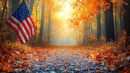Autumnal American Patriotism: A Pathway through Vibrant Fall Foliage
