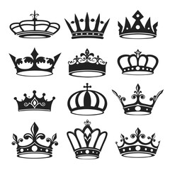 Collection of royal crowns and tiaras in black silhouette style on white background © Forida