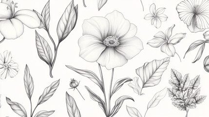 Hand-Drawn Botanical Illustration of Flowers and Plants with Fine Linework and Shading in Black and White
