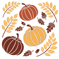 Luxury autumn vector design — pumpkins and acorns in simple geometric shapes, seamless wallpaper.