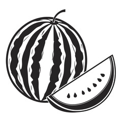 Stylized black and white illustration of a whole watermelon with a slice showing seeds and rind