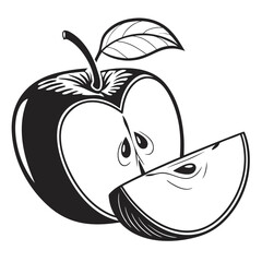 Stylized black and white illustration of a halved apple with a slice and leaf