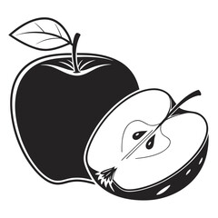 Stylized black and white illustration of a whole apple with a leaf and a halved apple showing seeds and core on a white background