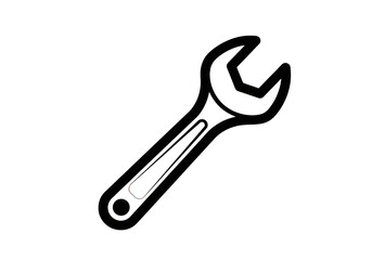 Black white illustration of a single openended wrench isolated on transparent background