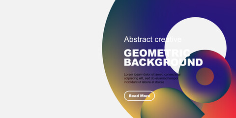 Obraz premium Abstract geometric background features vibrant overlapping circles. Text includes title, sample text, plus call to action button. Modern design.