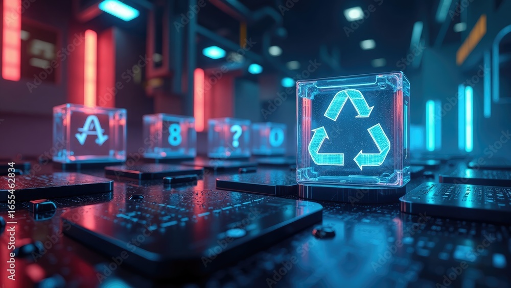 Poster recycled symbol within a transparent cube on a circuit board.