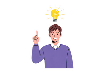 Man with a bright idea, represented by a lightbulb above his head, isolated on transparent background