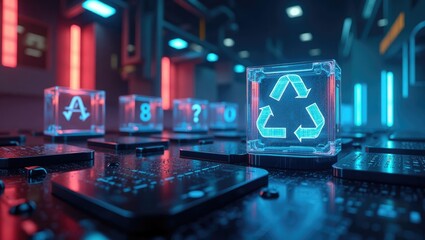 Recycled symbol within a transparent cube on a circuit board.