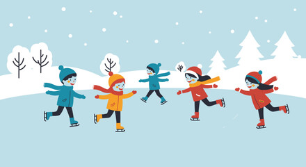 Naklejka premium Cheerful Children Ice Skating in Winter Wonderland.