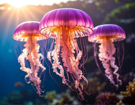 Three vibrant purple jellyfish against a sunlit underwater scene