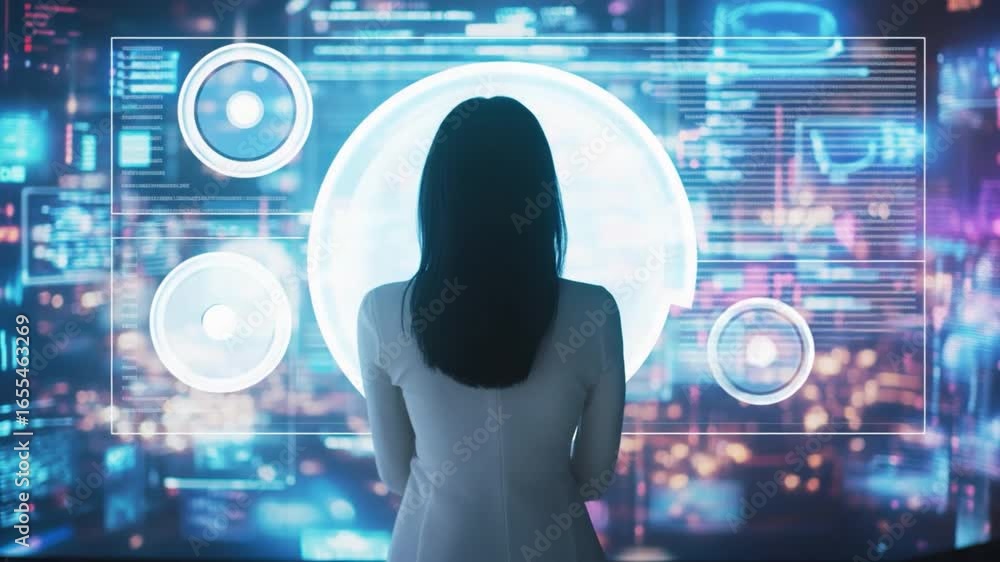 Poster woman standing in front of digital display with advanced technology interface and data visualization