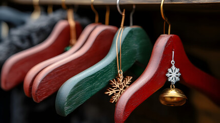 Colorful wooden clothing hangers adorned with snowflake and bell ornaments, arranged in a row.