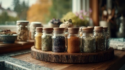 Colorful Spice Jars on Wooden Stand in Cozy Kitchen Setting