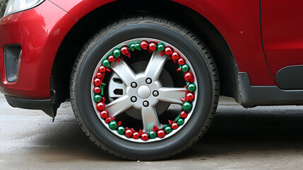 Close-up of a red vehicle's wheel with festive holiday-themed hubcap in snowy outdoor setting