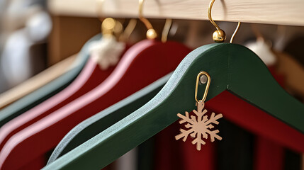Colorful wooden clothing hangers adorned with snowflake and bell ornaments, arranged in a row.