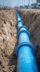 Blue pvc pipe underground utility installation, sandy trench construction site, infrastructure development, clear sky, daytime