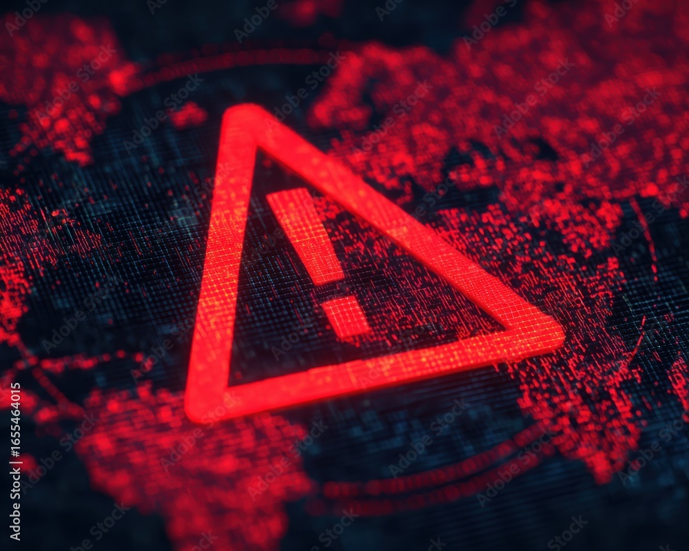 Poster a red digital warning symbol on a textured high-tech background, symbolizing alertness to cyber thre