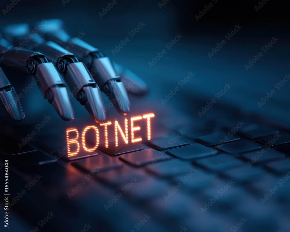 Poster a robotic hand hovers over a keyboard, illuminated by the word 